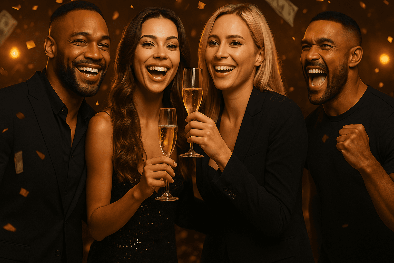 Pessoas celebrando com taças de champanhe